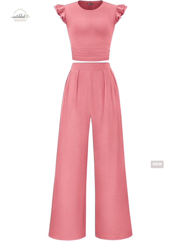 Women's Matching Set Cap Sleeve Top Wide Leg Pants Stretchy Knit Fabric